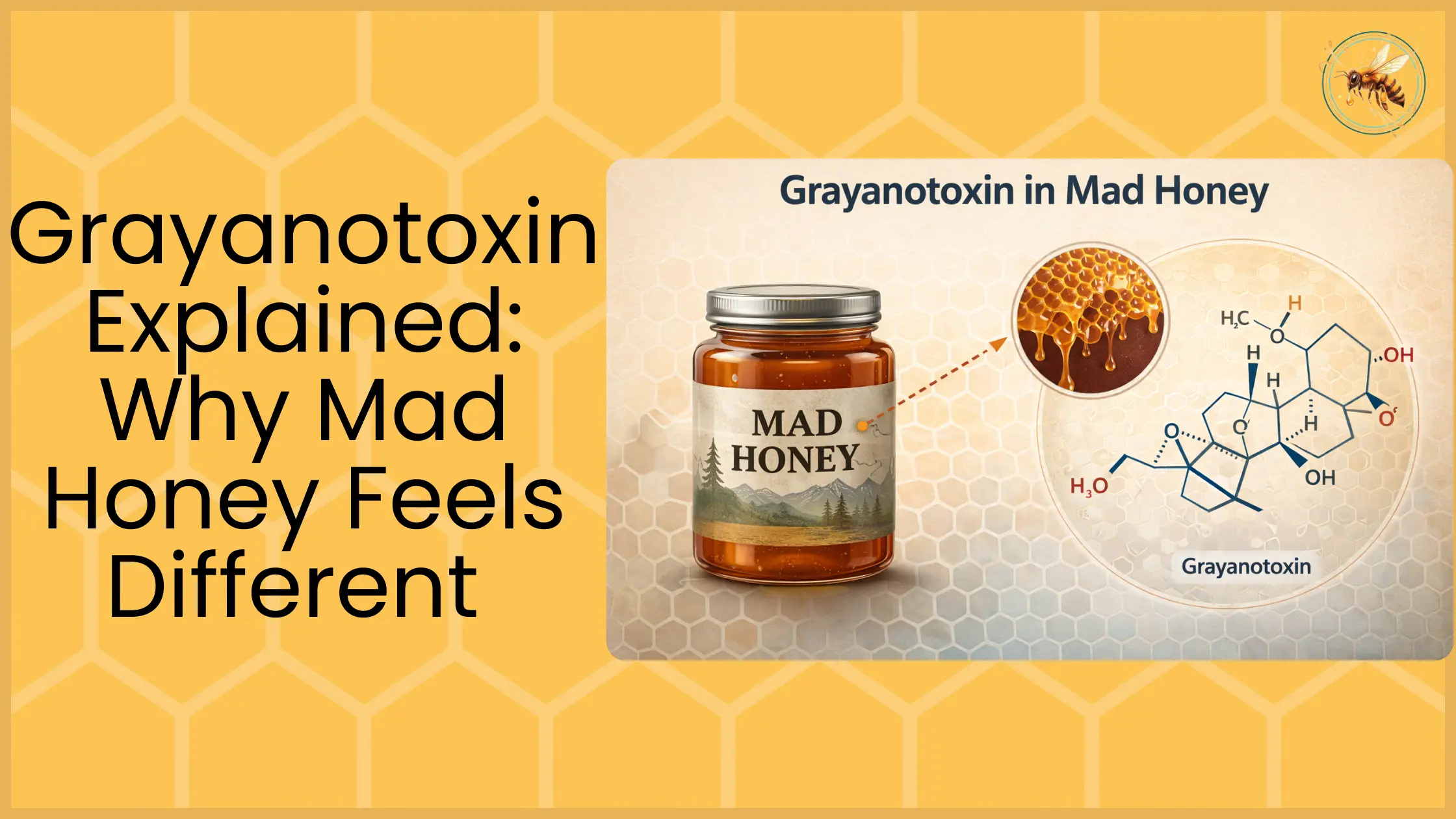 Infographic showing grayanotoxin chemical structure extracted from mad honey with a jar of Himalayan mad honey
