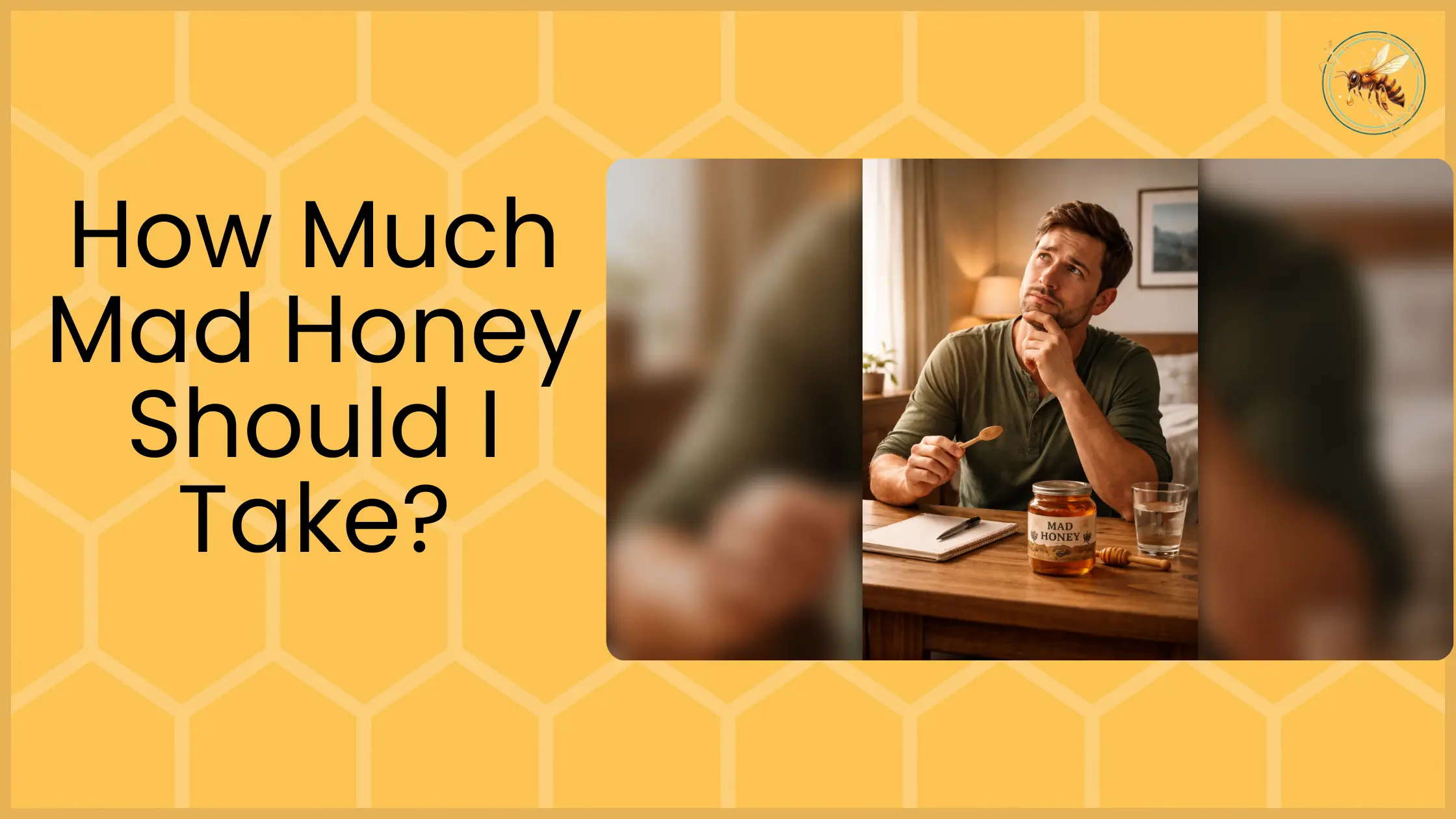 Man thinking about mad honey dosage while holding a spoon next to a jar of mad honey