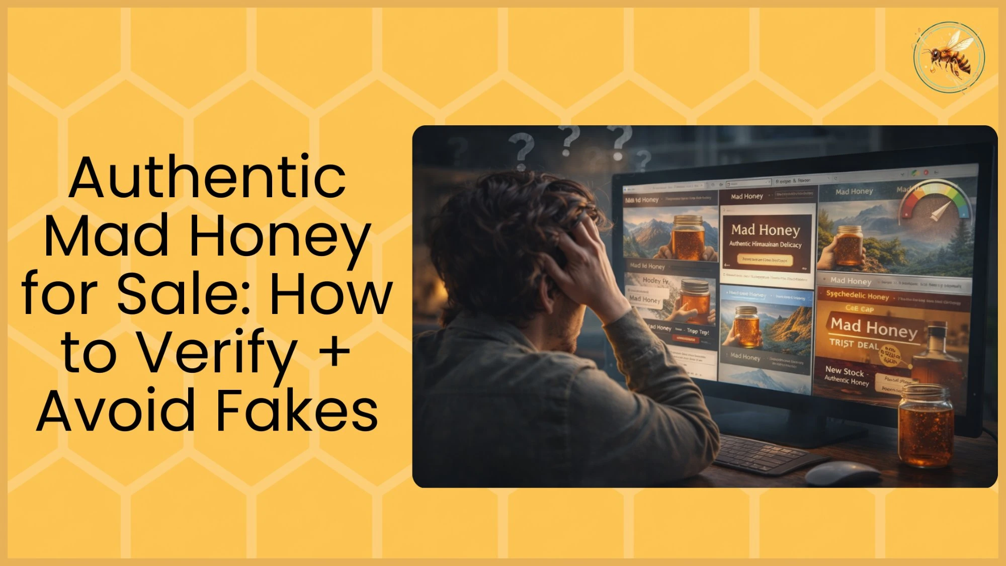 A rustic jar of dark mad honey with a wooden spoon surrounded by wildflowers and honeycomb on a stone surface, with a magnifying glass zooming in on the honey texture and floral particles.