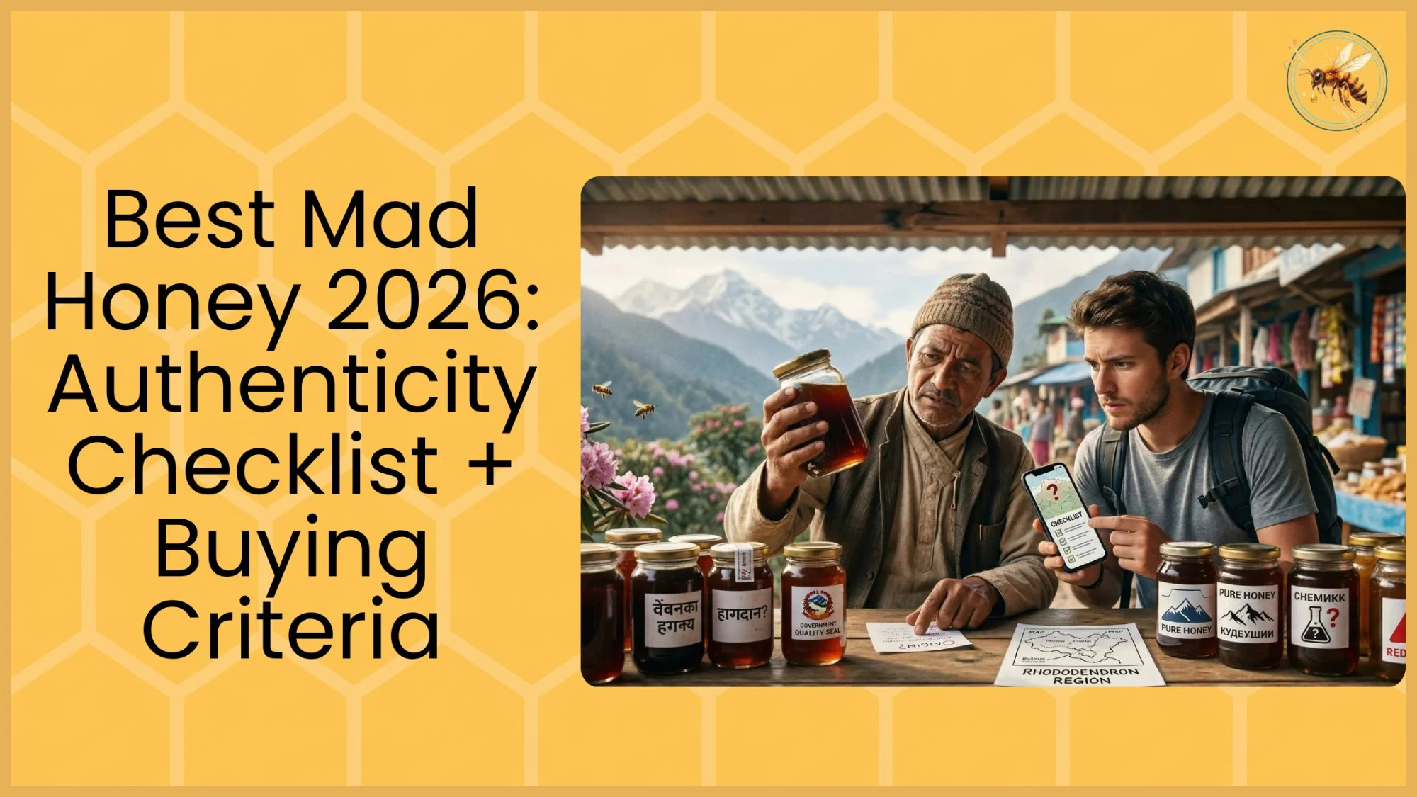 A Nepali vendor and a backpacker tourist examine a dark honey jar at a mountain market stall with multiple labeled honey jars, a checklist on a smartphone, and a rhododendron region map on the table with snowy Himalayan peaks in the background.