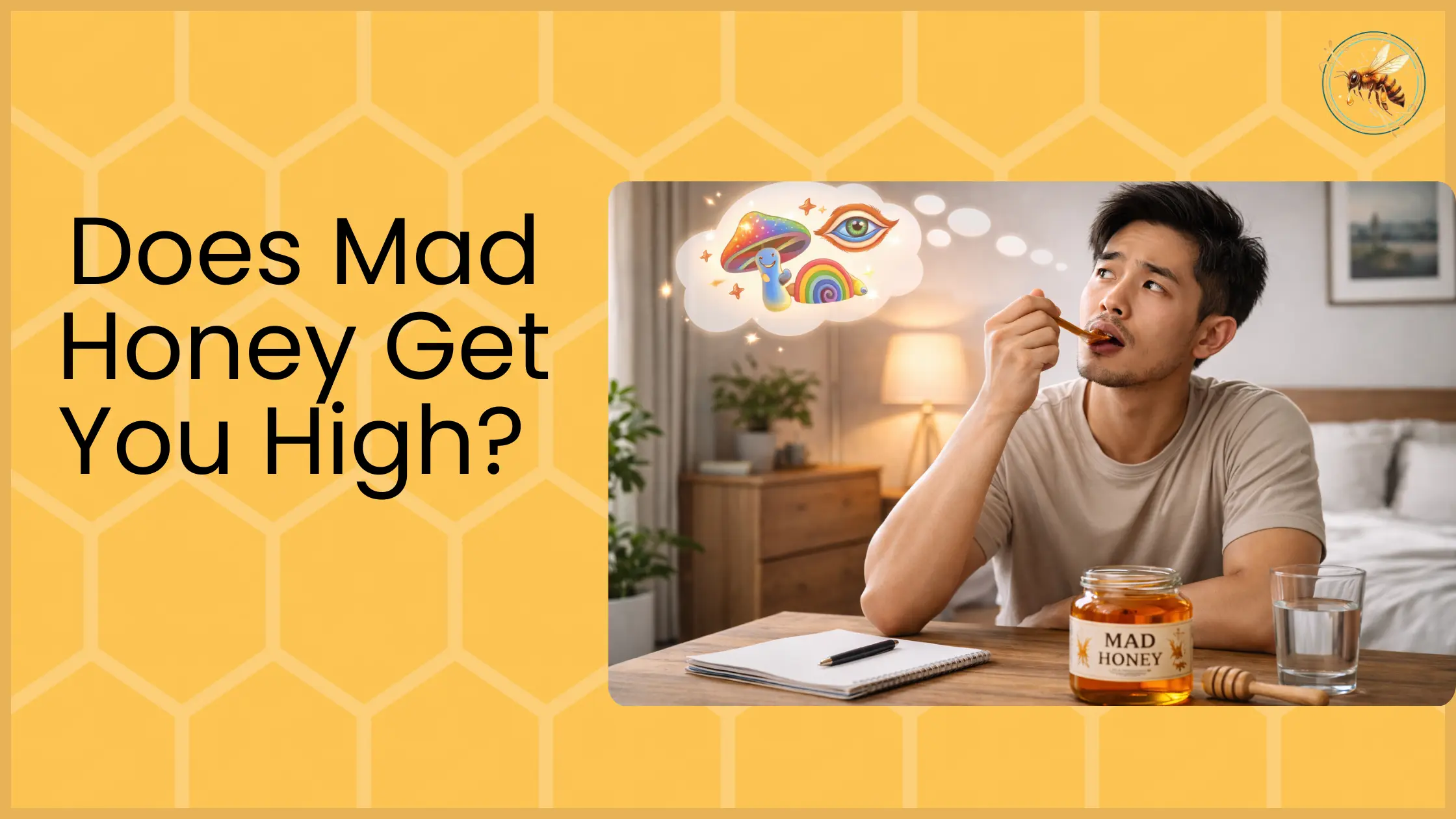 A man sitting at a desk eating mad honey from a spoon with a thought bubble showing psychedelic emojis including mushrooms, a rainbow, and an eye, with a Mad Honey jar on the table beside him.