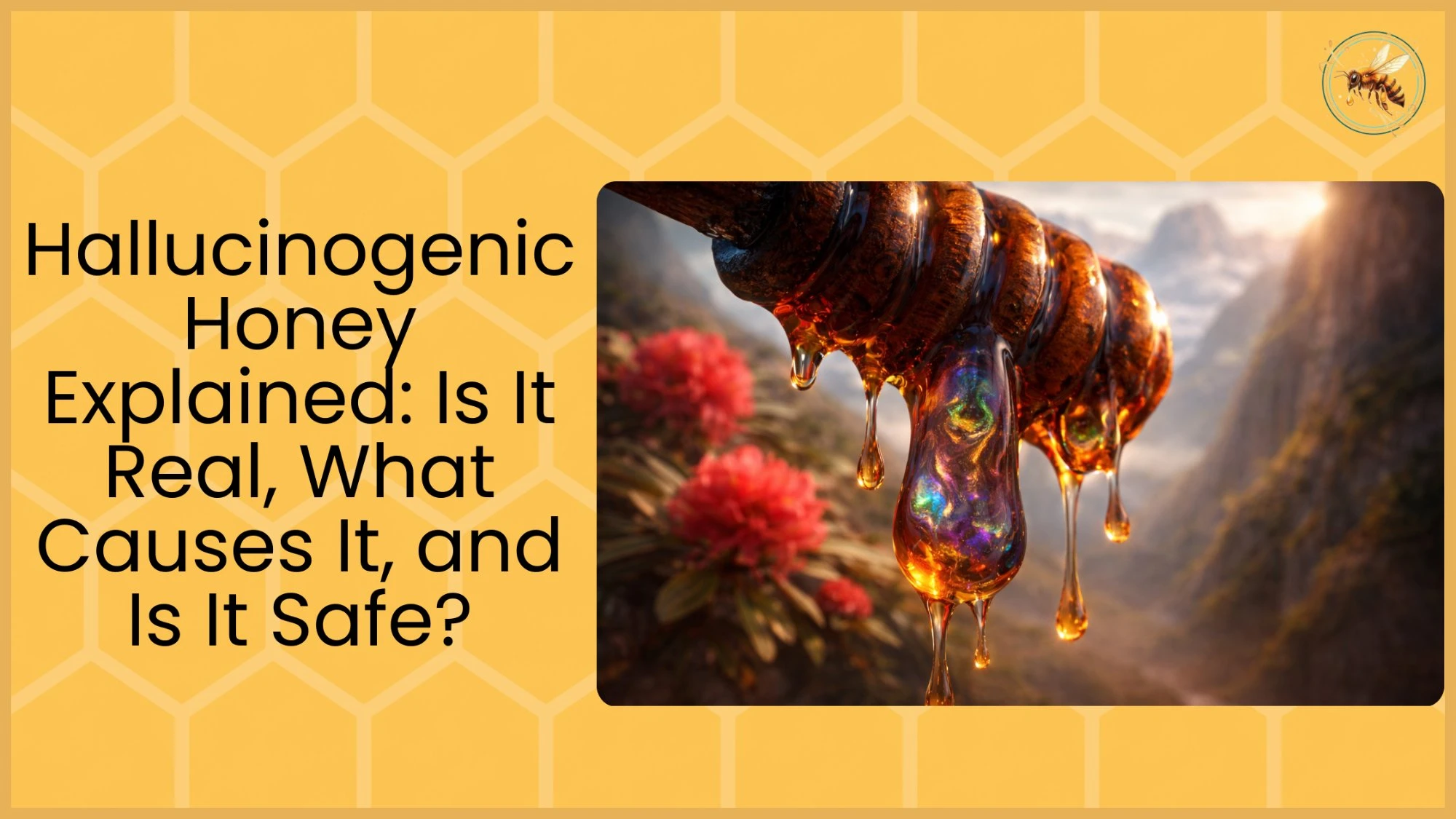 Dark amber honey drips in iridescent glowing streams from a wooden honey dipper against a misty mountain backdrop with red rhododendron flowers, representing the psychoactive properties of mad honey.