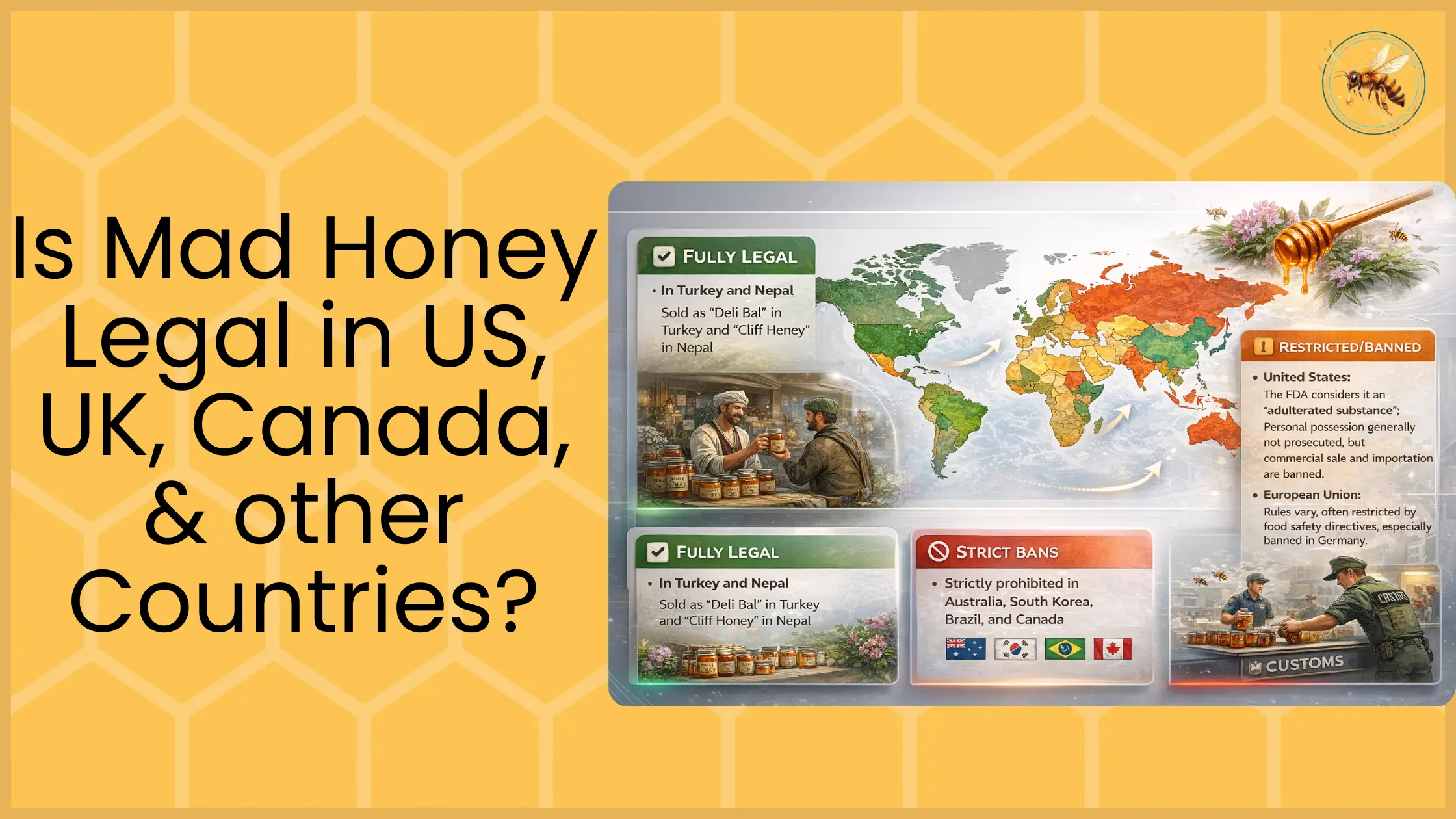 World map infographic showing mad honey legal status by country — fully legal in Nepal and Turkey, restricted in the US and EU, strictly banned in Australia South Korea Brazil and Canada