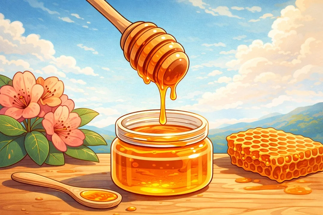 Illustrated jar of wild honey dripping with a honey dipper, rhododendron flower, honeycomb, and Himalayan mountain background