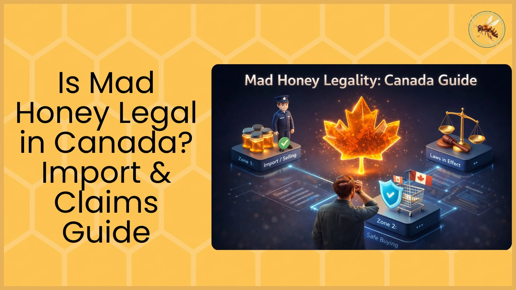 A 3D illustrated infographic showing a glowing Canadian maple leaf flanked by import and legal zones with a police officer, honey jars, scales of justice, and a Canadian flag shopping cart.