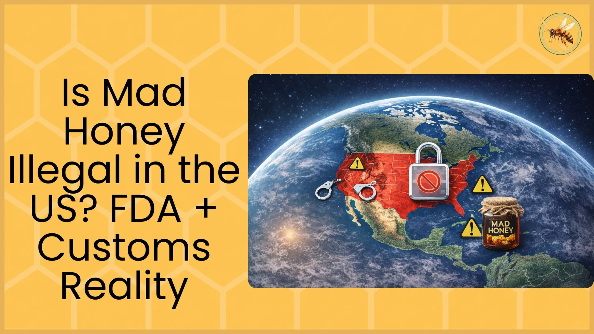 A globe focused on the United States highlighted in red, overlaid with a padlock, handcuffs, warning signs, and a Mad Honey jar, representing its legal and customs status in the US.