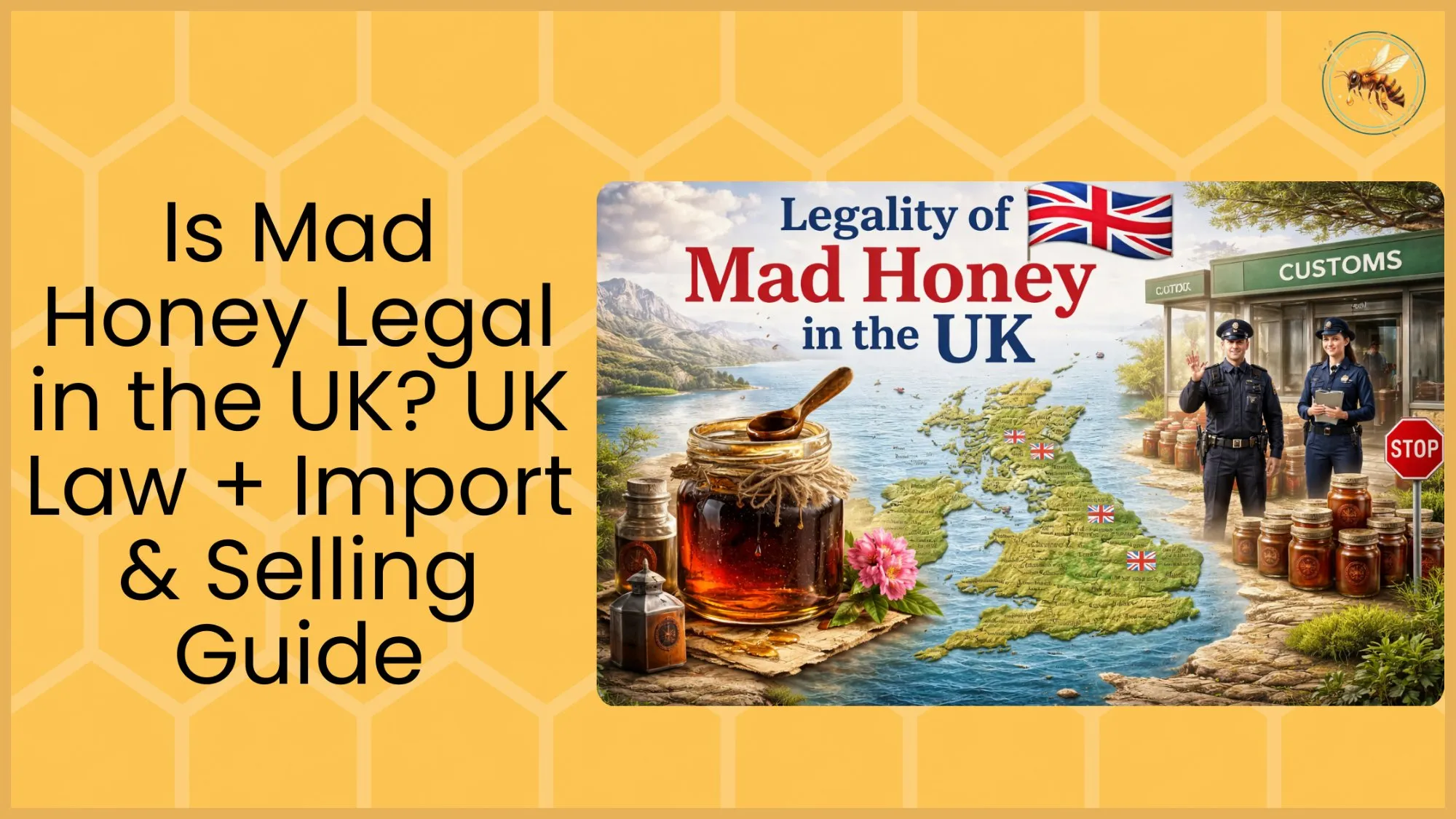 An illustrated UK map with a Mad Honey jar in the foreground, two customs officers at a border checkpoint, and the Union Jack flag, depicting the legality of importing mad honey in the UK.