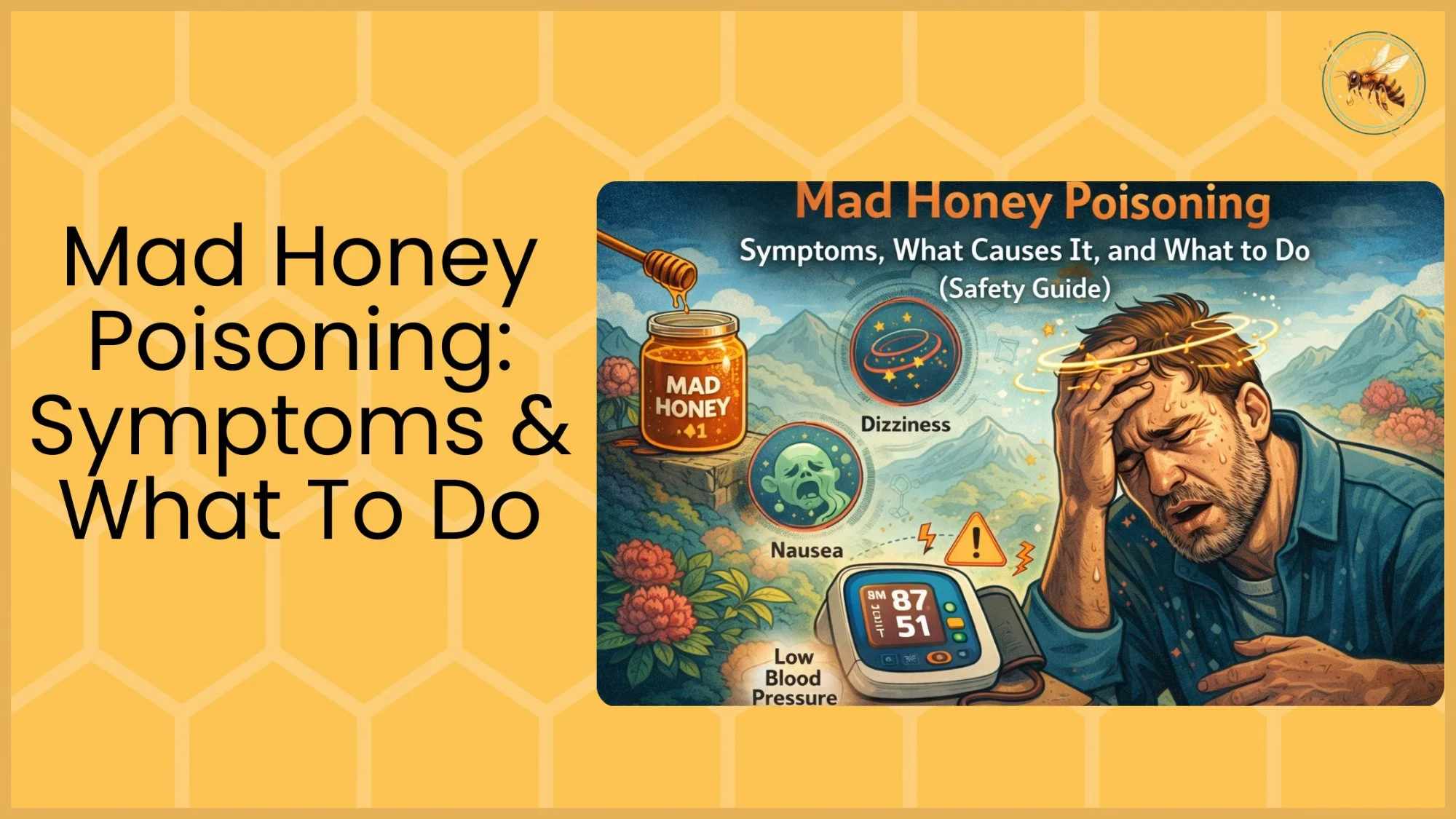 An illustrated safety guide showing a dizzy sweating man holding his head alongside circular icons depicting dizziness, nausea, and a blood pressure monitor showing low readings from mad honey poisoning