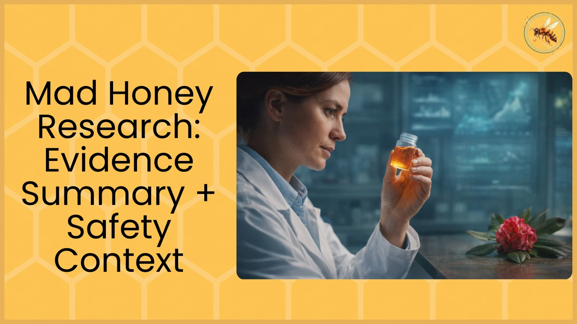 A female scientist in a white lab coat holds a small jar of golden honey up to the light in a laboratory with data visualizations on a screen behind her and a red rhododendron flower on the table.