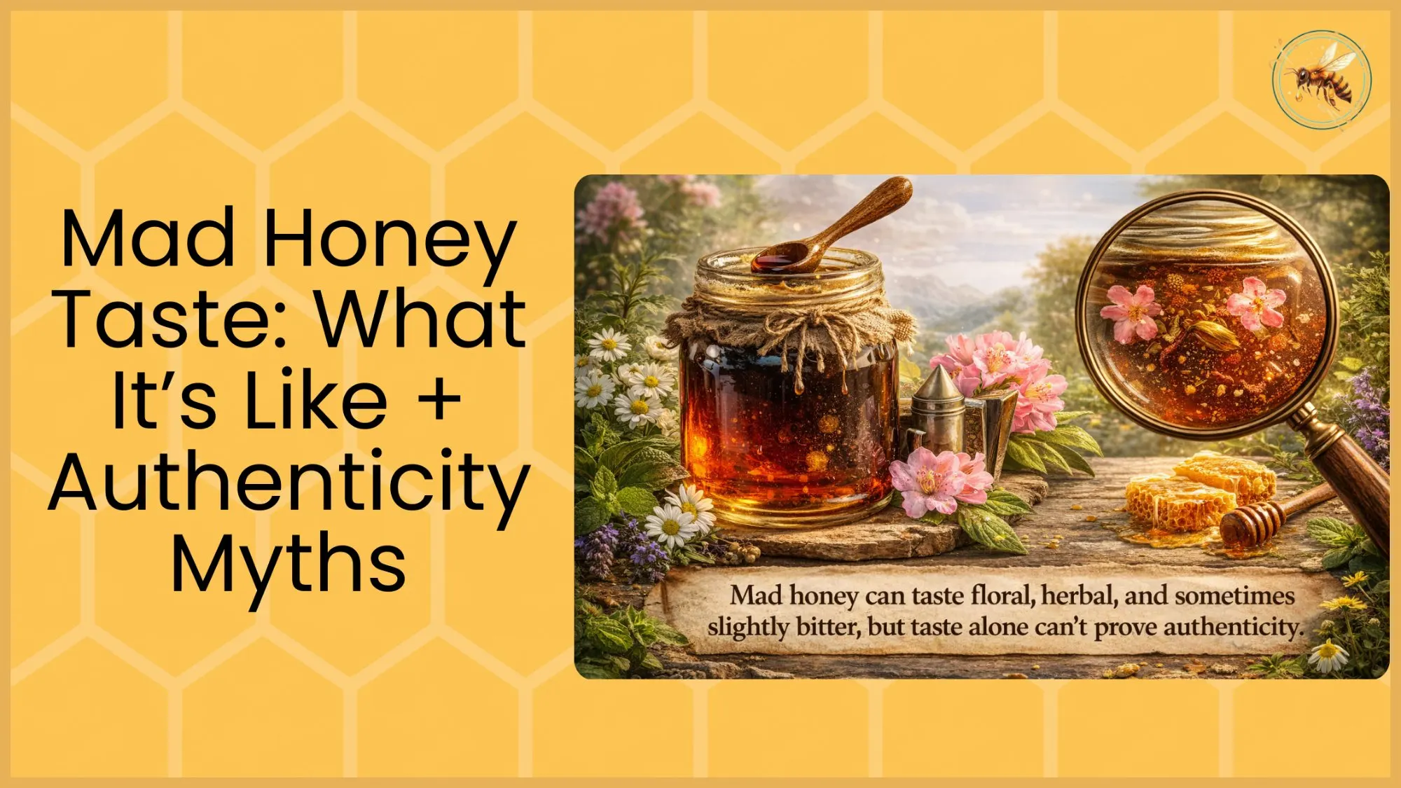 A rustic jar of dark mad honey with a wooden spoon surrounded by wildflowers and honeycomb on a stone surface, with a magnifying glass zooming in on the honey texture and floral particles.