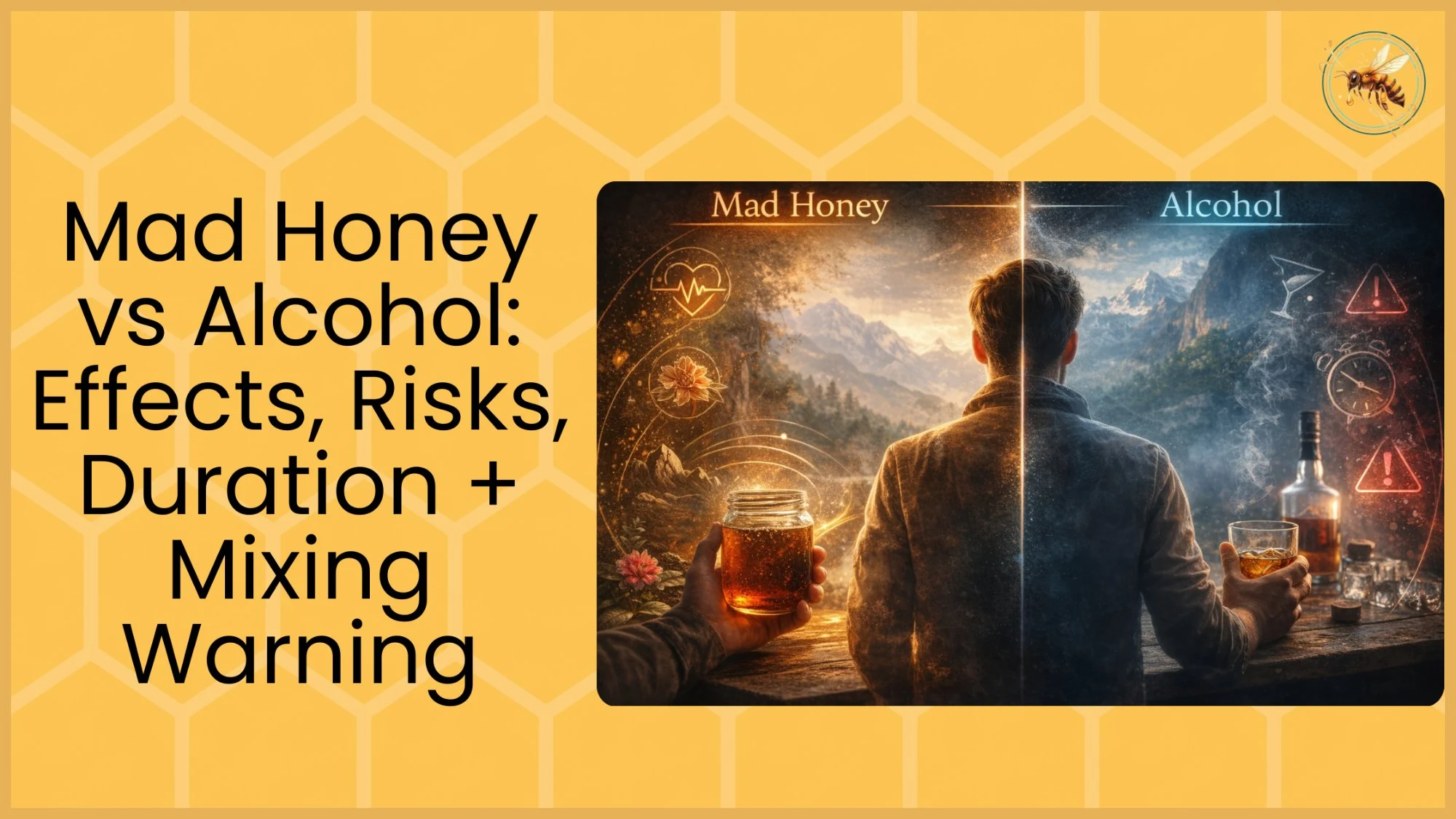 A split-panel image showing a man holding a jar of mad honey on a warm earthy side versus holding a whiskey glass on a cold dark side, with health icons and warning triangles representing each substance.