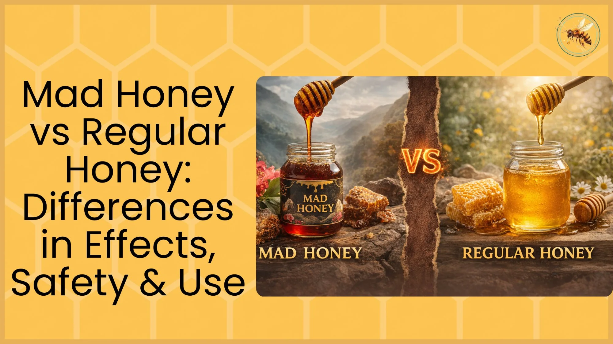 A split-panel comparison showing a dark Mad Honey jar on rocky terrain versus a clear regular honey jar with honeycomb, with honey dippers drizzling both.