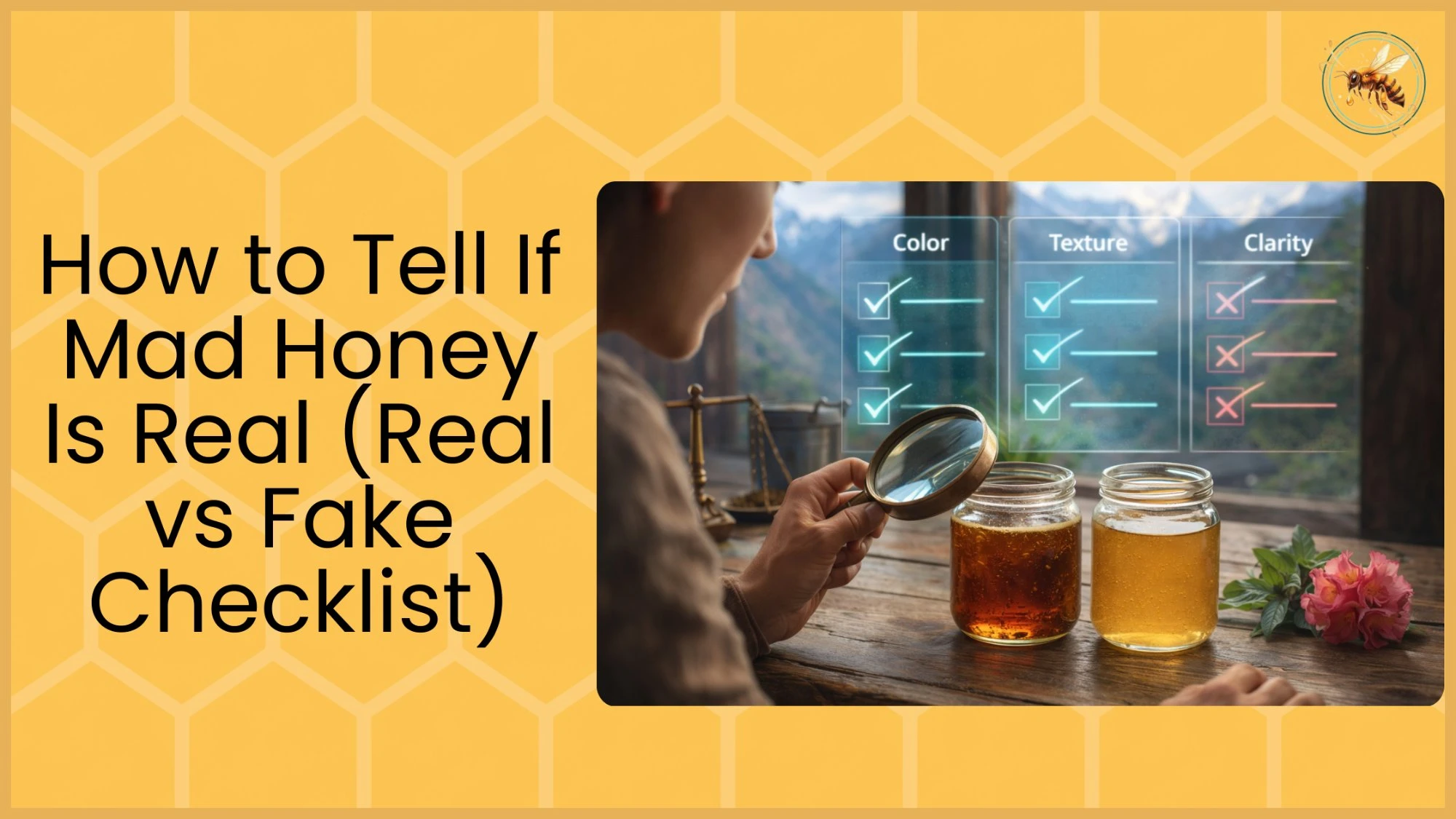 A person holds a magnifying glass over two jars of honey on a wooden table with a holographic color, texture, and clarity checklist displayed beside a mountain window view.