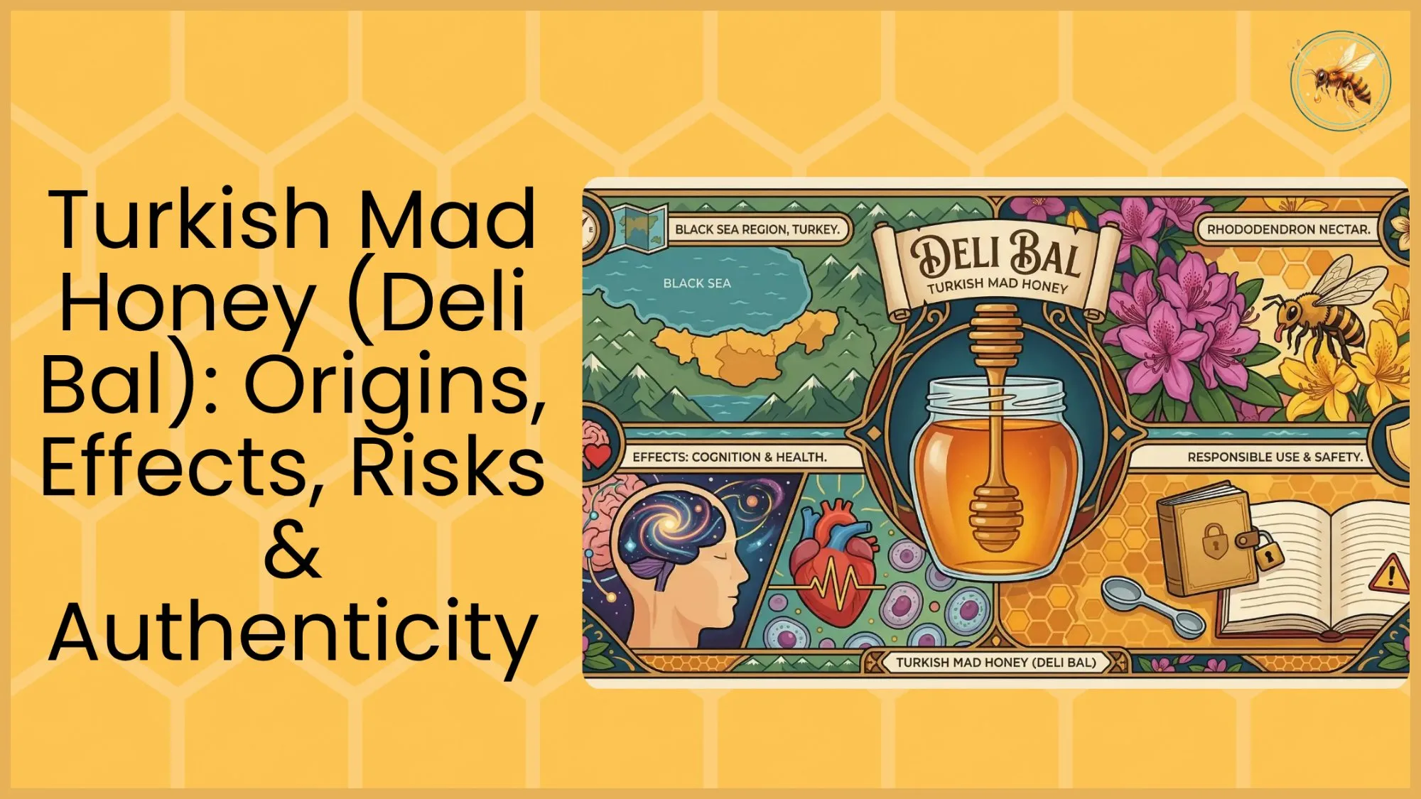 A branded thumbnail for Turkish mad honey Deli Bal featuring an art nouveau infographic with a Black Sea region map of Turkey, a honey jar with dipper, rhododendron flowers, a bee, brain and heart cognition icons, and responsible use safety symbols on a yellow honeycomb background.