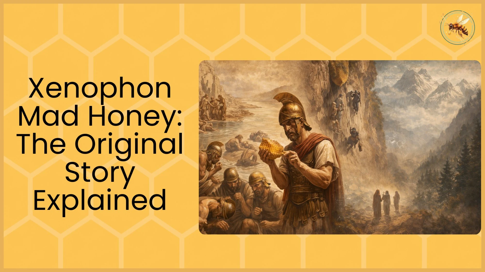 An ancient Greek soldier in golden armor holds a honeycomb while other incapacitated soldiers lie on the ground near a river and rocky cliffs, depicting the historical Xenophon mad honey account.