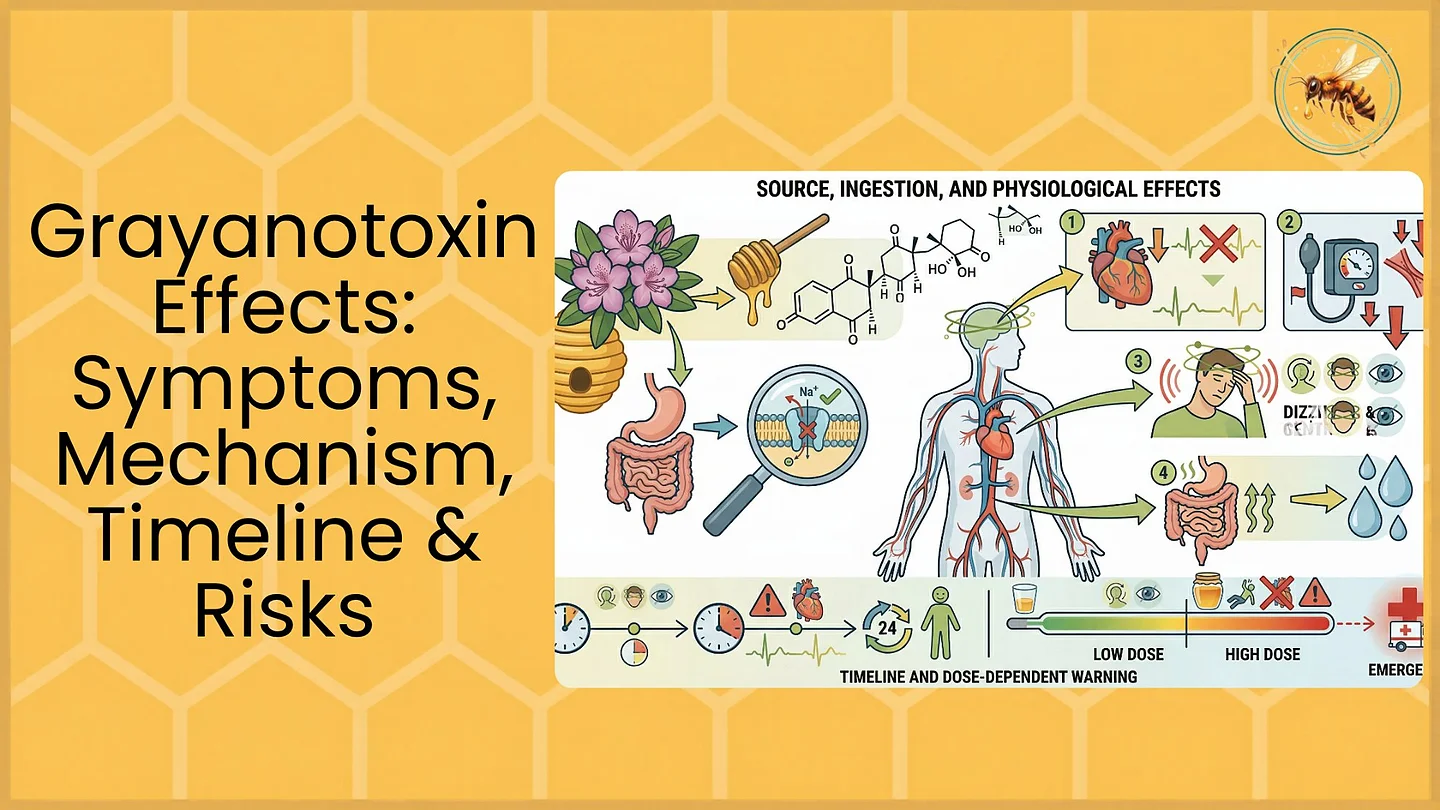 A detailed scientific infographic showing the source, ingestion pathway, and physiological effects of grayanotoxin from rhododendron flowers through honey consumption, with numbered symptoms including cardiac effects, dizziness, nausea, and a dose-dependent warning timeline at the bottom.