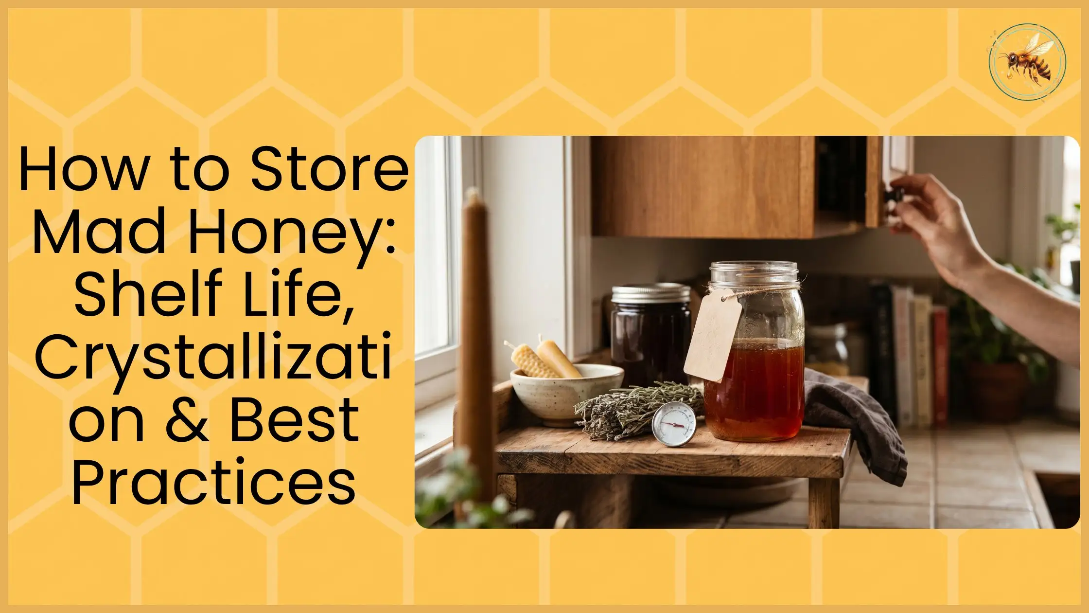 Labeled mad honey jar on wooden stool with thermometer and herbs, showing proper mad honey storage best practices
