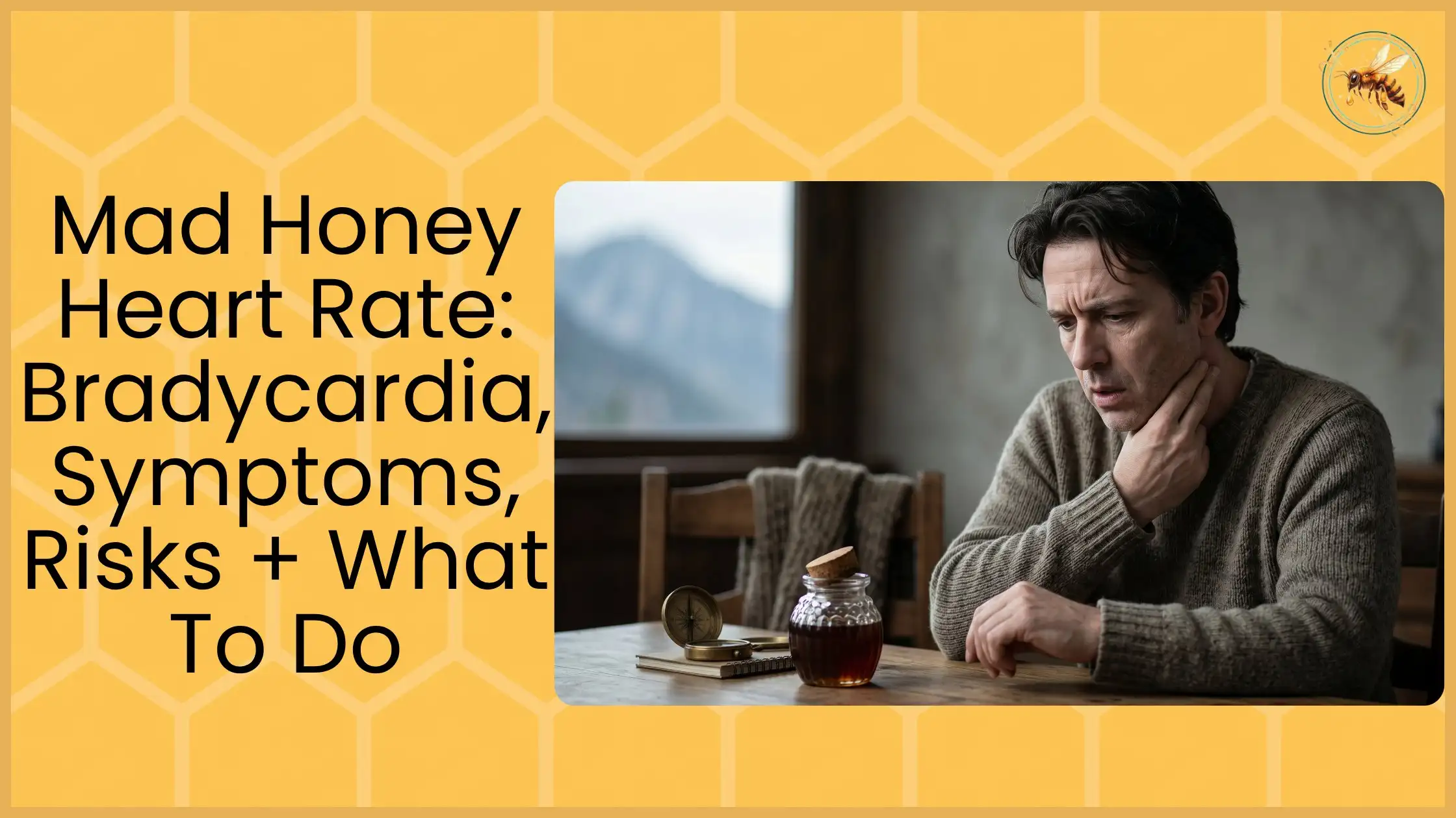 Man checking pulse at neck next to honey jar on table, illustrating mad honey heart rate and bradycardia symptoms