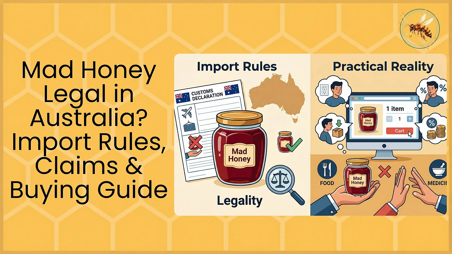 A split infographic comparing mad honey import rules and practical reality in Australia, showing a customs declaration form with the Australian map and a Mad Honey jar on the left, and an online cart, food vs medicine classification, and buying guidance on the right.