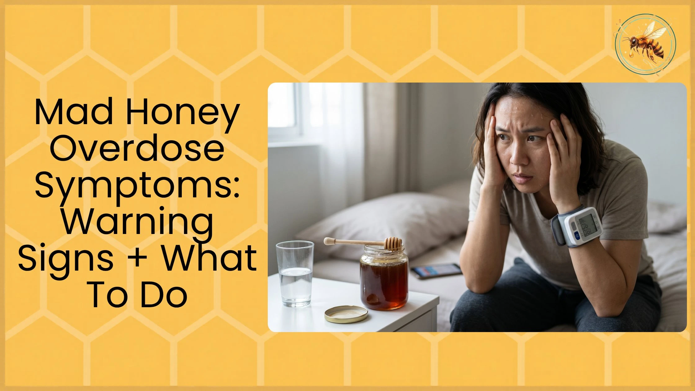 Person holding head in distress next to honey jar, illustrating mad honey overdose symptoms and warning signs
