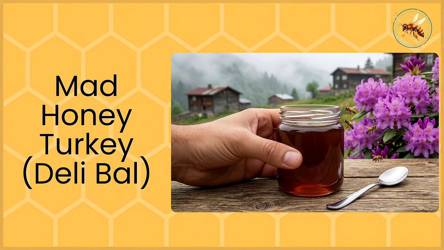 A hand holds a jar of dark amber Turkish mad honey (Deli Bal) on a rustic wooden table, with bees flying around blooming purple rhododendron flowers, a silver spoon beside the jar, and a misty Black Sea region village with traditional wooden houses in the background.