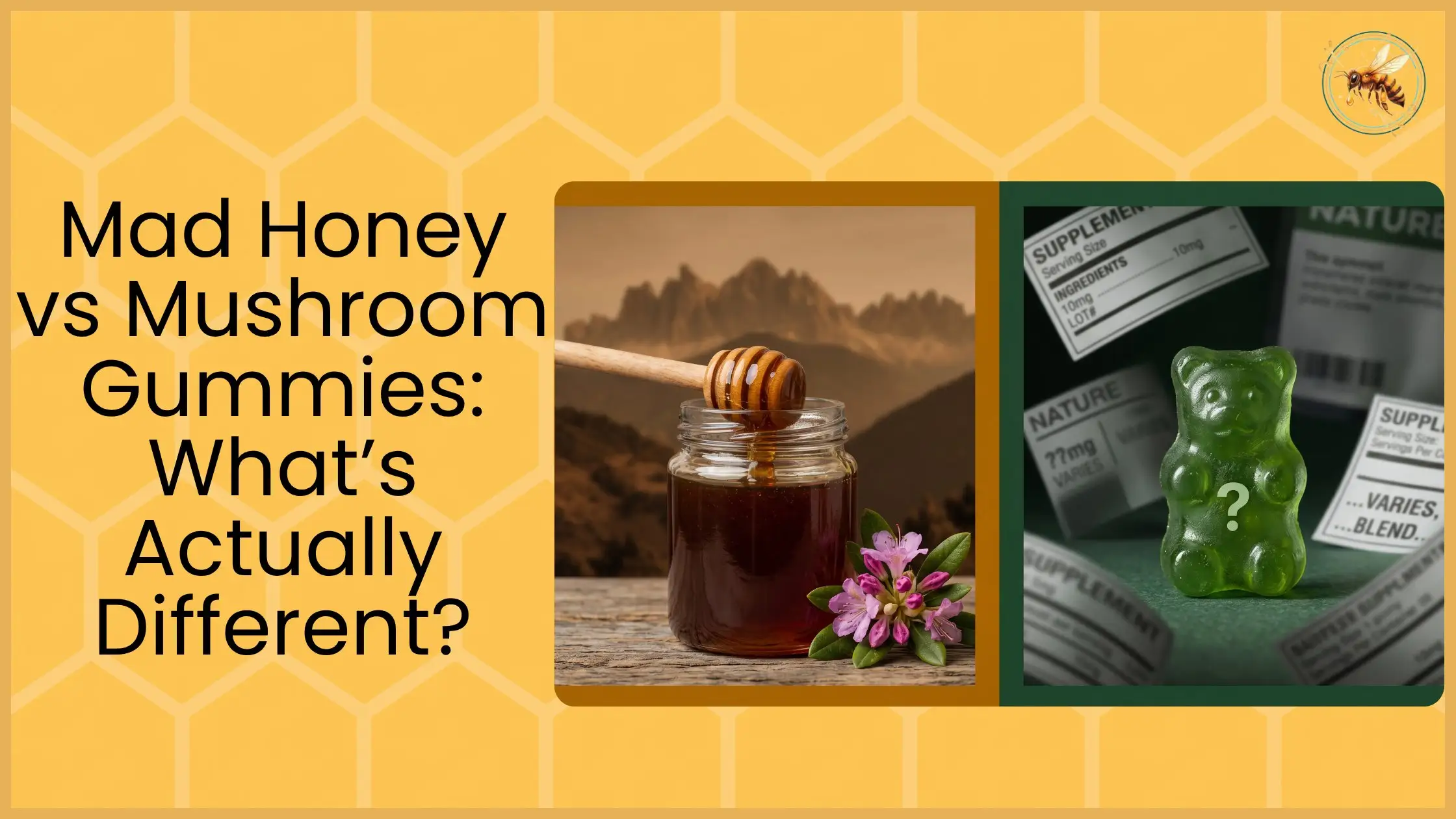 Split comparison of mad honey jar with rhododendron flowers versus green mushroom gummy supplement with question mark, on yellow honeycomb background