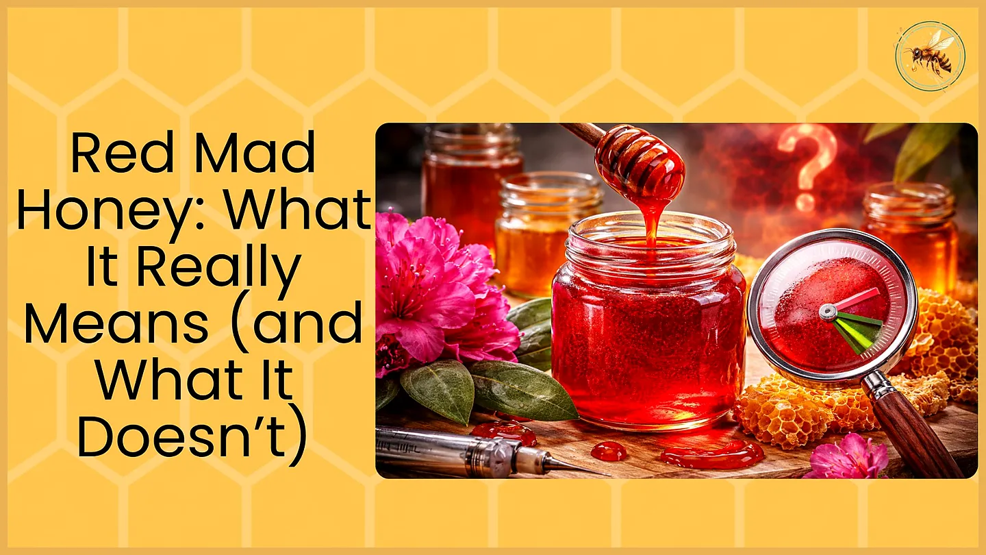 A branded blog thumbnail showing a jar of deep red mad honey being drizzled with a honey dipper, surrounded by pink rhododendron flowers, golden honeycomb pieces, and a magnifying glass with a gauge, on a yellow honeycomb patterned background.