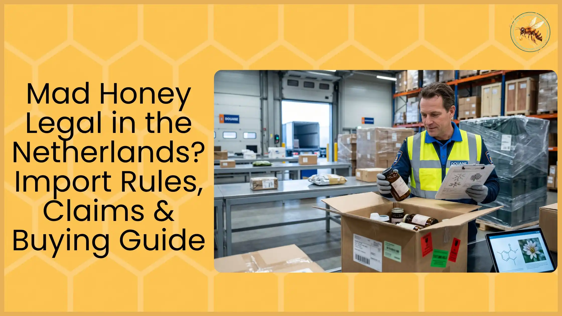 Dutch customs officer in yellow vest inspecting honey jars from cardboard box at Netherlands warehouse, representing mad honey import rules