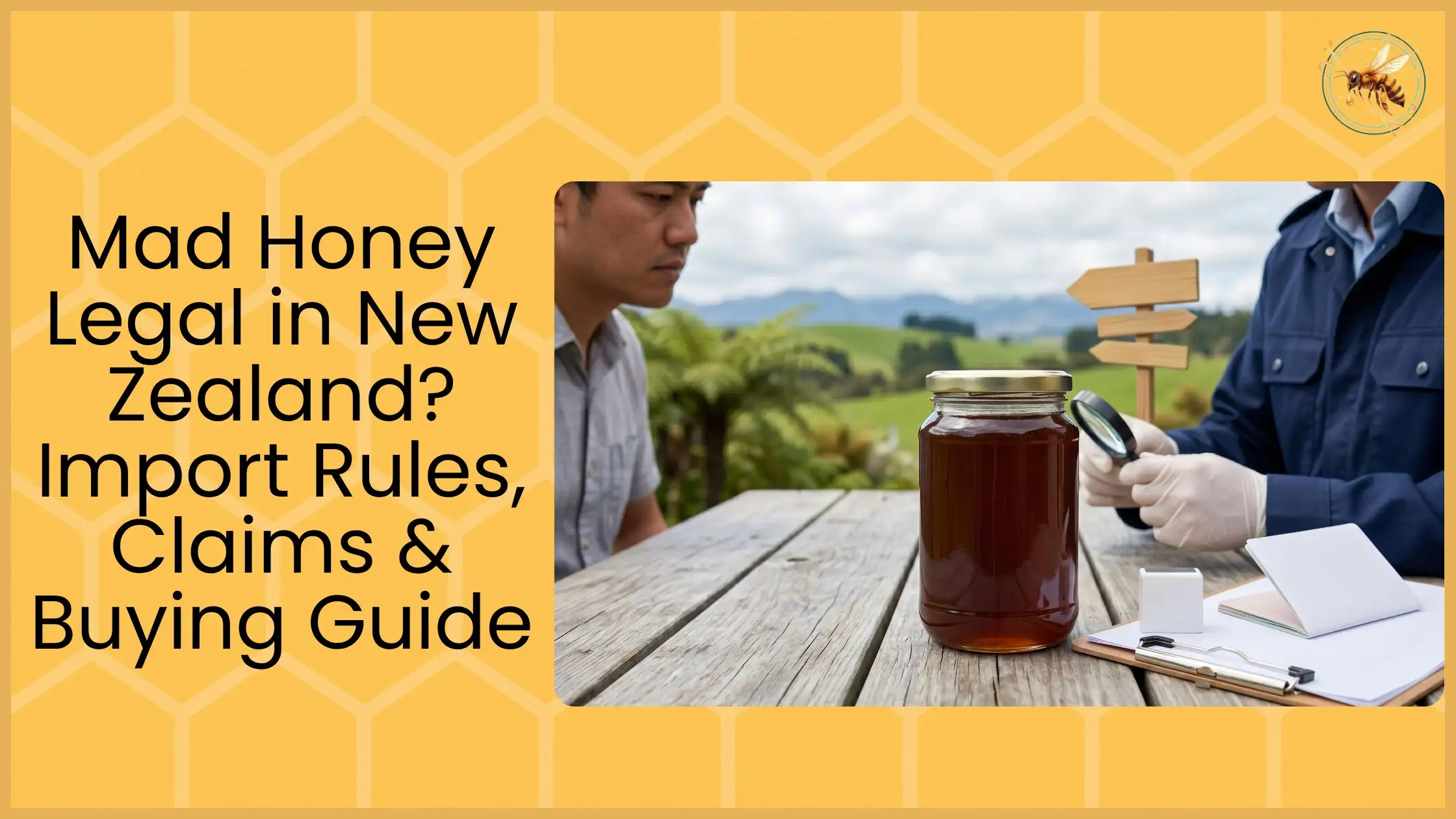 Inspector with magnifying glass examining amber honey jar on wooden table with New Zealand green hills backdrop and directional signpost