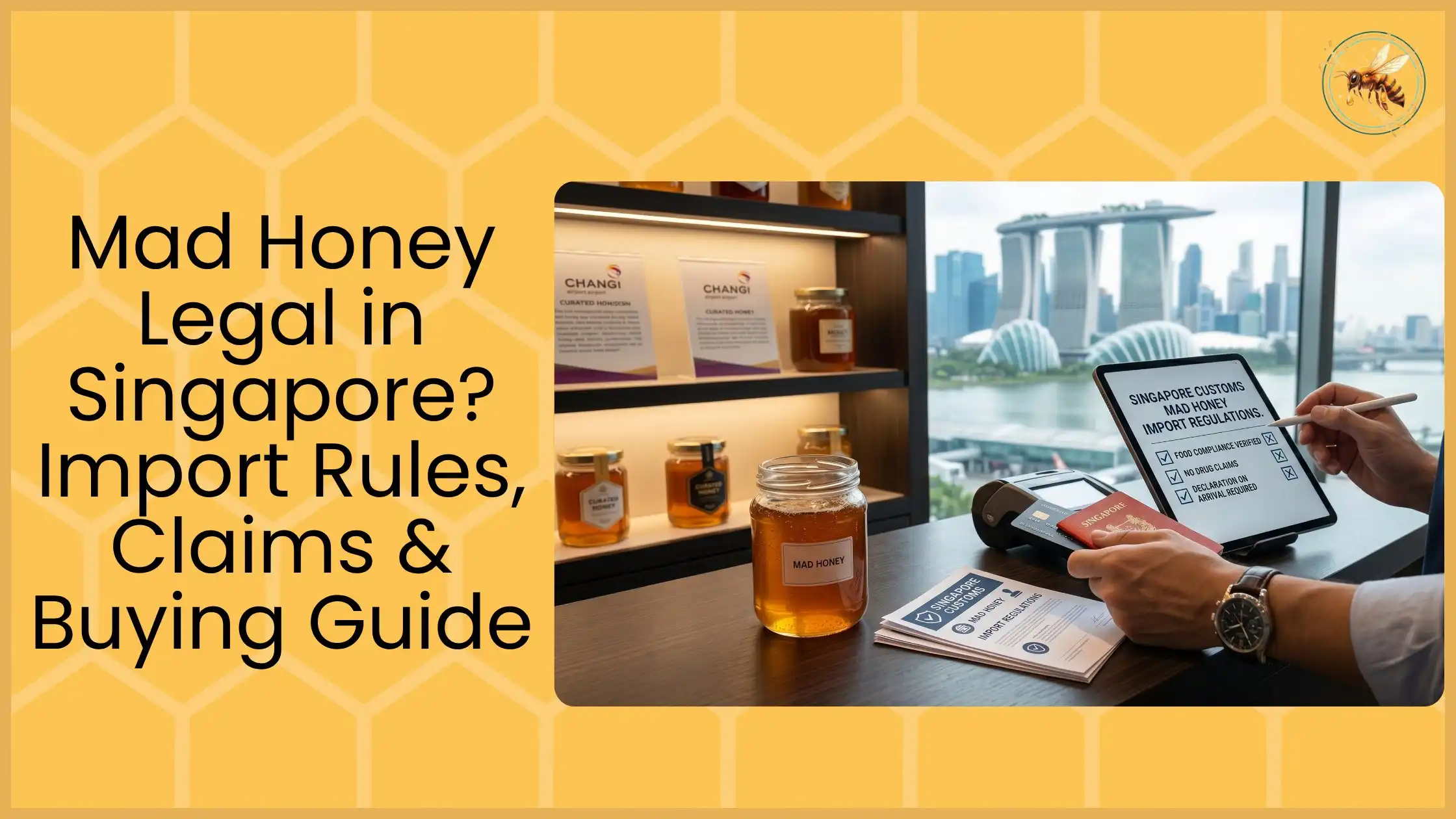 Mad honey jar on counter with Singapore customs import regulations on tablet, honey shop shelf and Marina Bay skyline in background