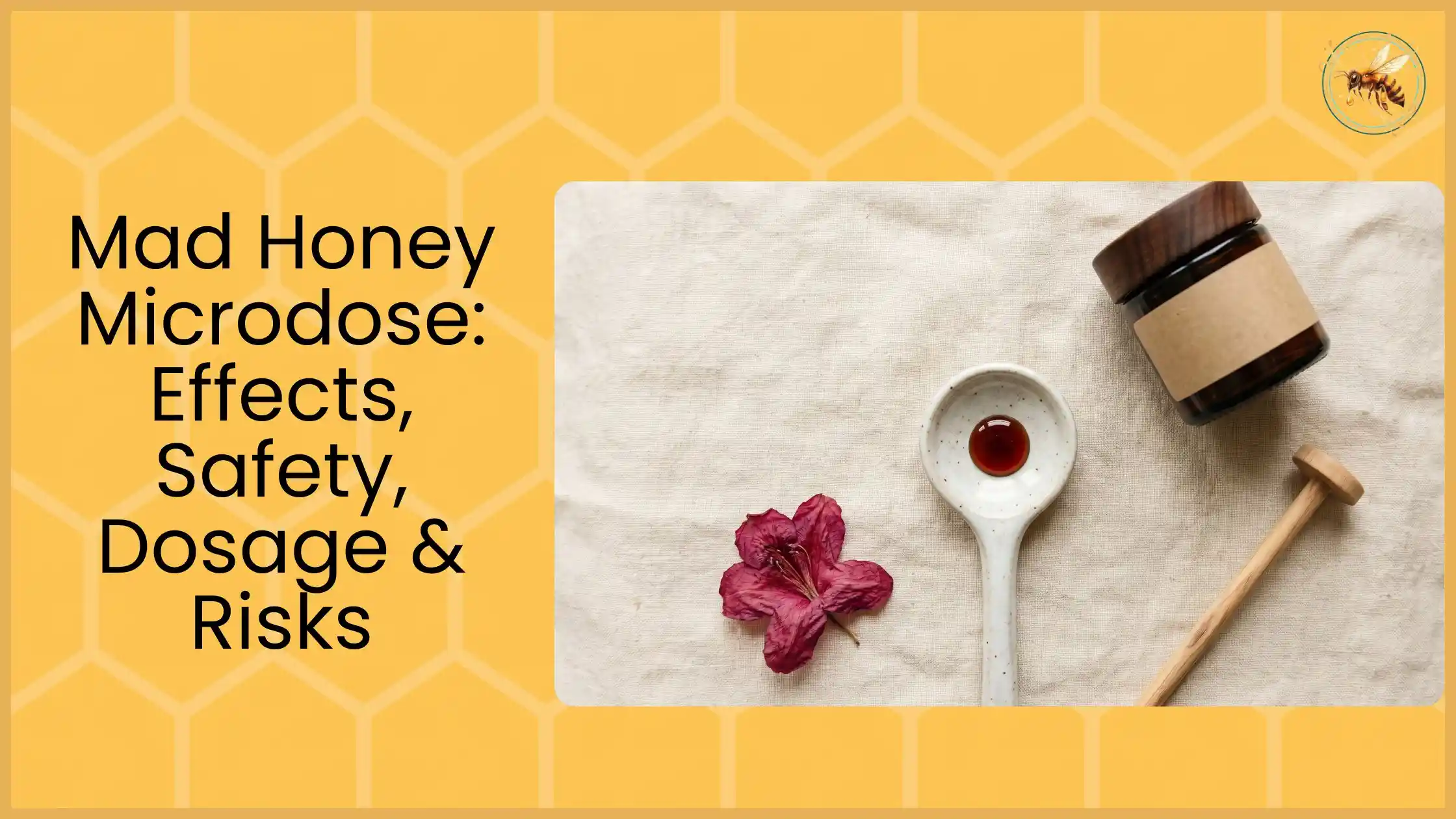 Small ceramic spoon with single drop of mad honey beside amber jar and dried rhododendron flower on linen cloth, representing microdose dosage guidance