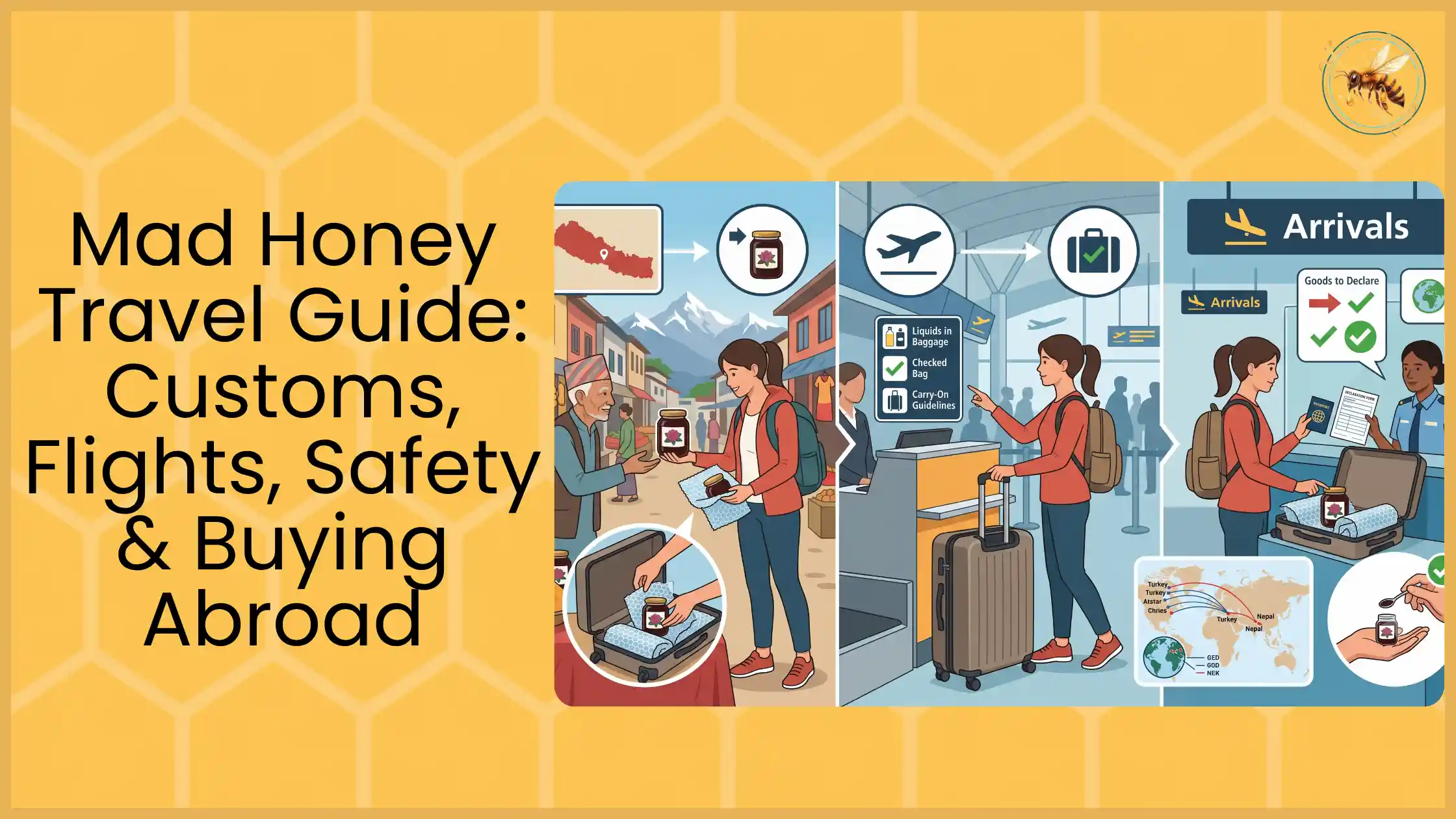 Illustrated travel guide showing tourist buying mad honey in Nepal market, packing in checked luggage, checking in at airport, and declaring goods at arrivals customs