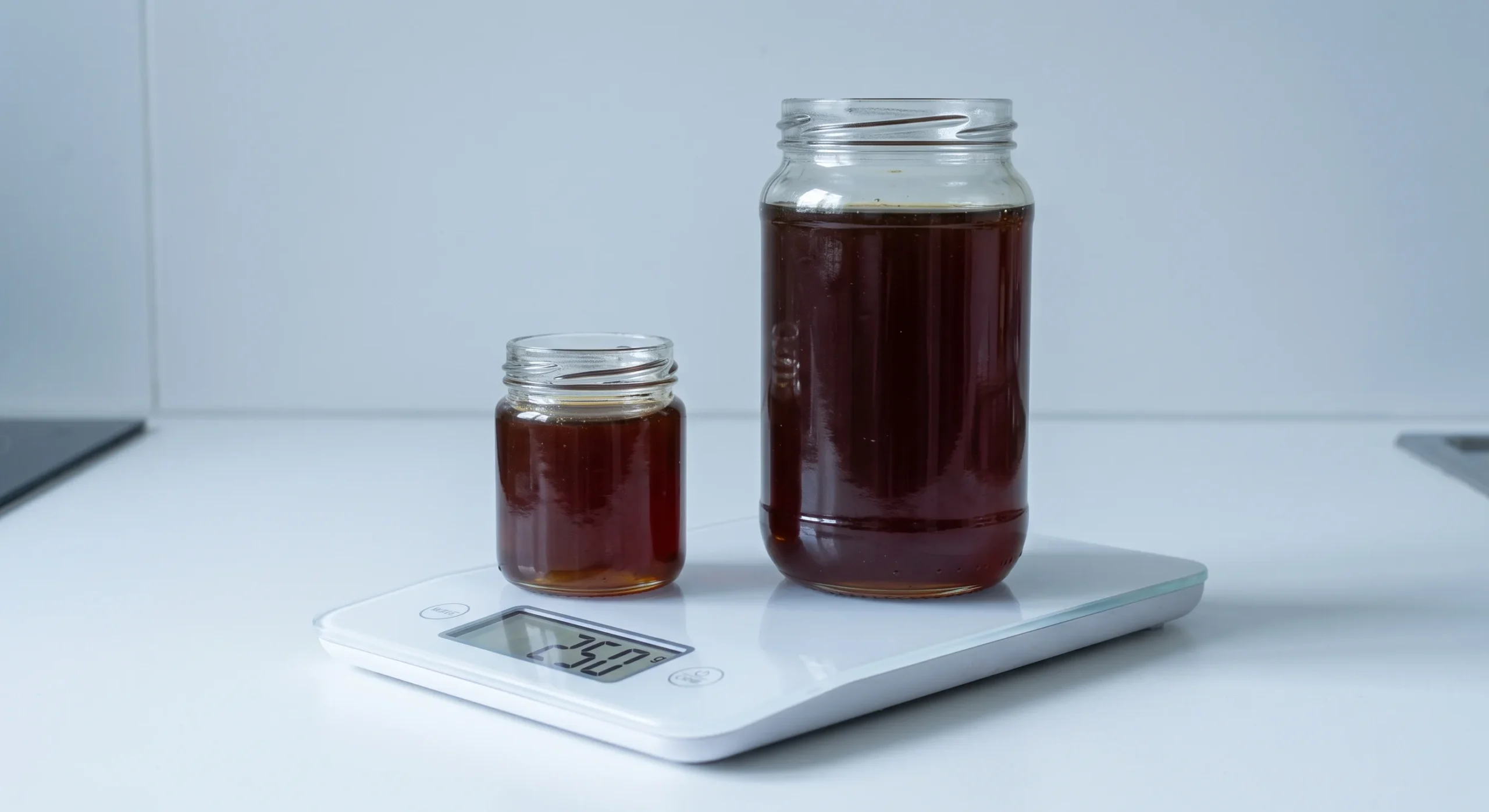 Dark red mad honey dripping slowly from metal spoon into open glass jar against light background, showing characteristic deep colour and viscosity
