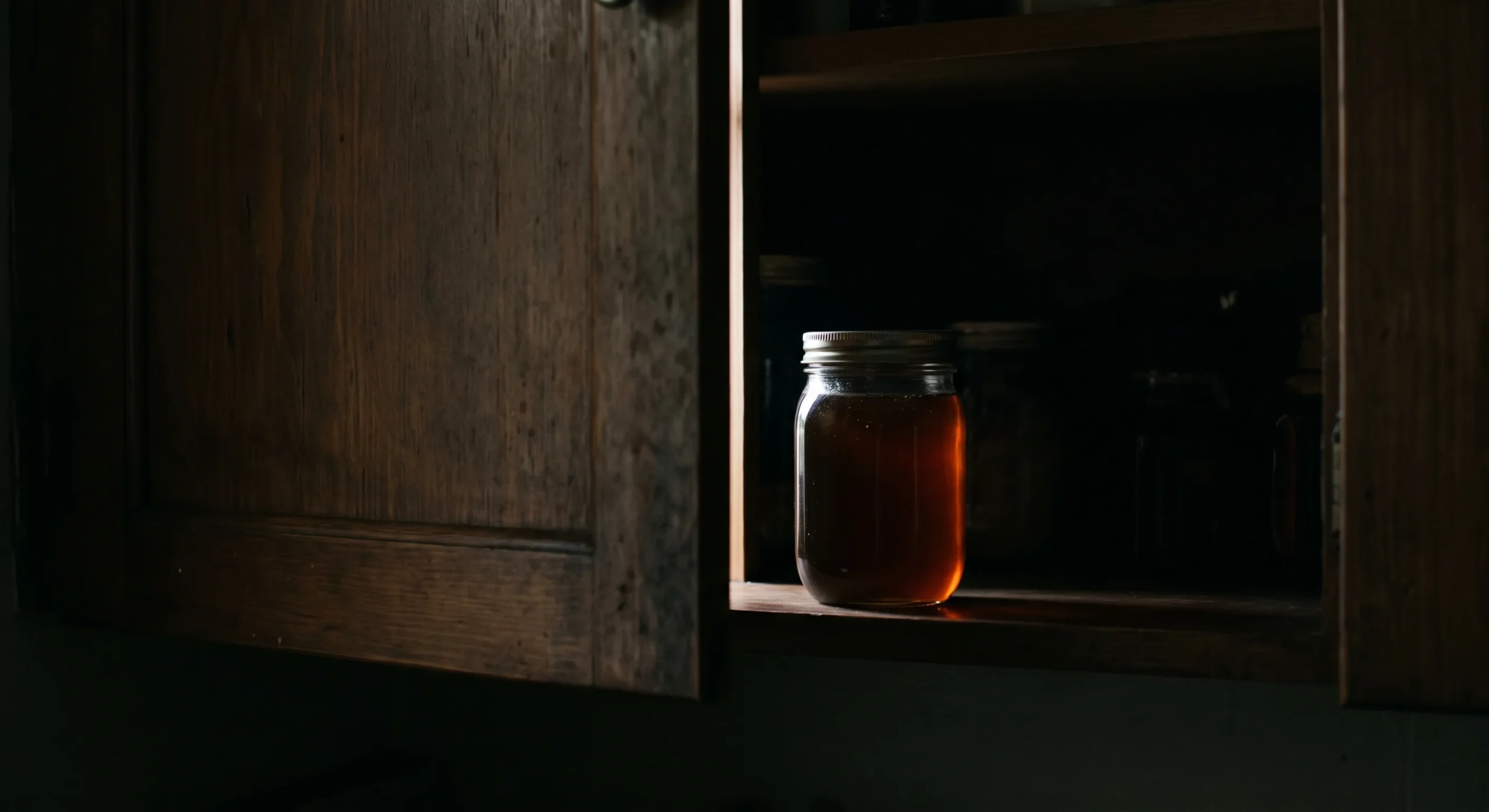 Amber mad honey jar with silver lid stored inside open dark wooden cabinet in dramatic low light, illustrating proper cool dark storage conditions