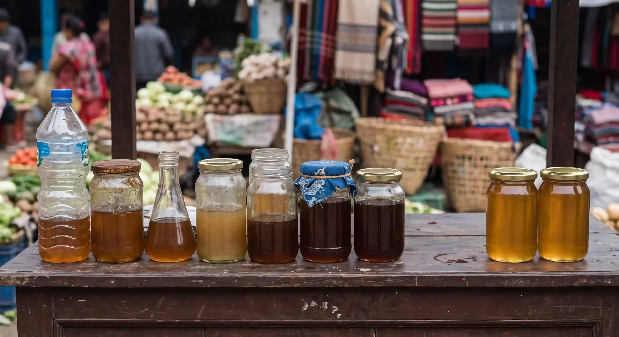Row of honey jars and bottles in various sizes and amber shades on wooden market stall counter with busy Nepali bazaar in background
